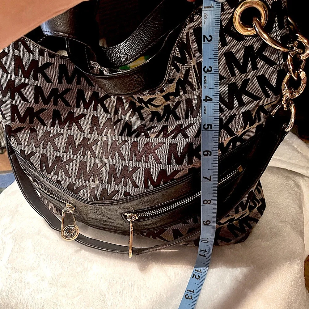 Michael Kors Signature ”Chained Jamesport”Black/Tan  jacquard canvas/Leather Bag - Picture 9 of 16